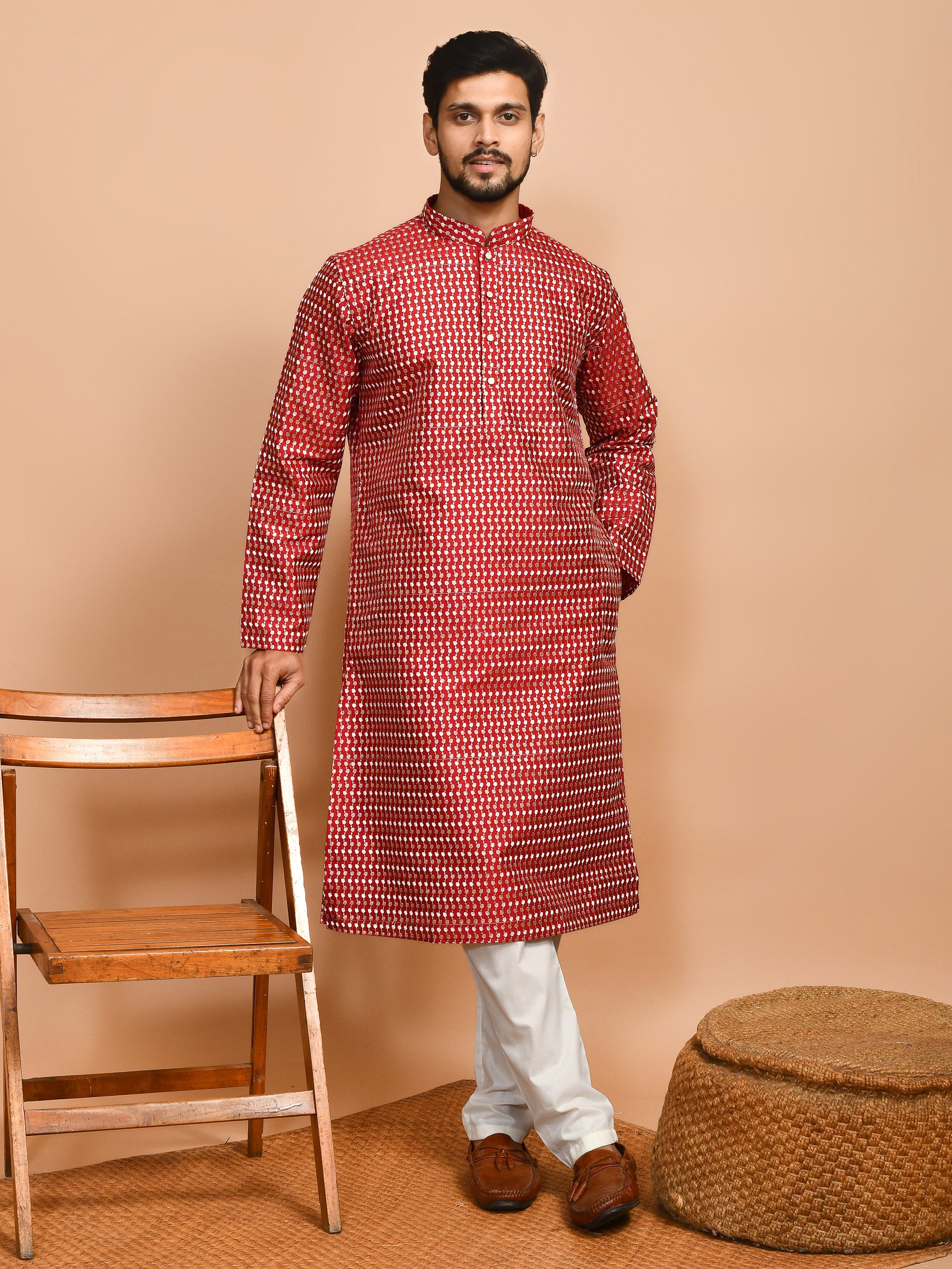 Maroon Love  | Maroon Cotton | Elegance Men's Chikankari | Mandarin Collar Kurta