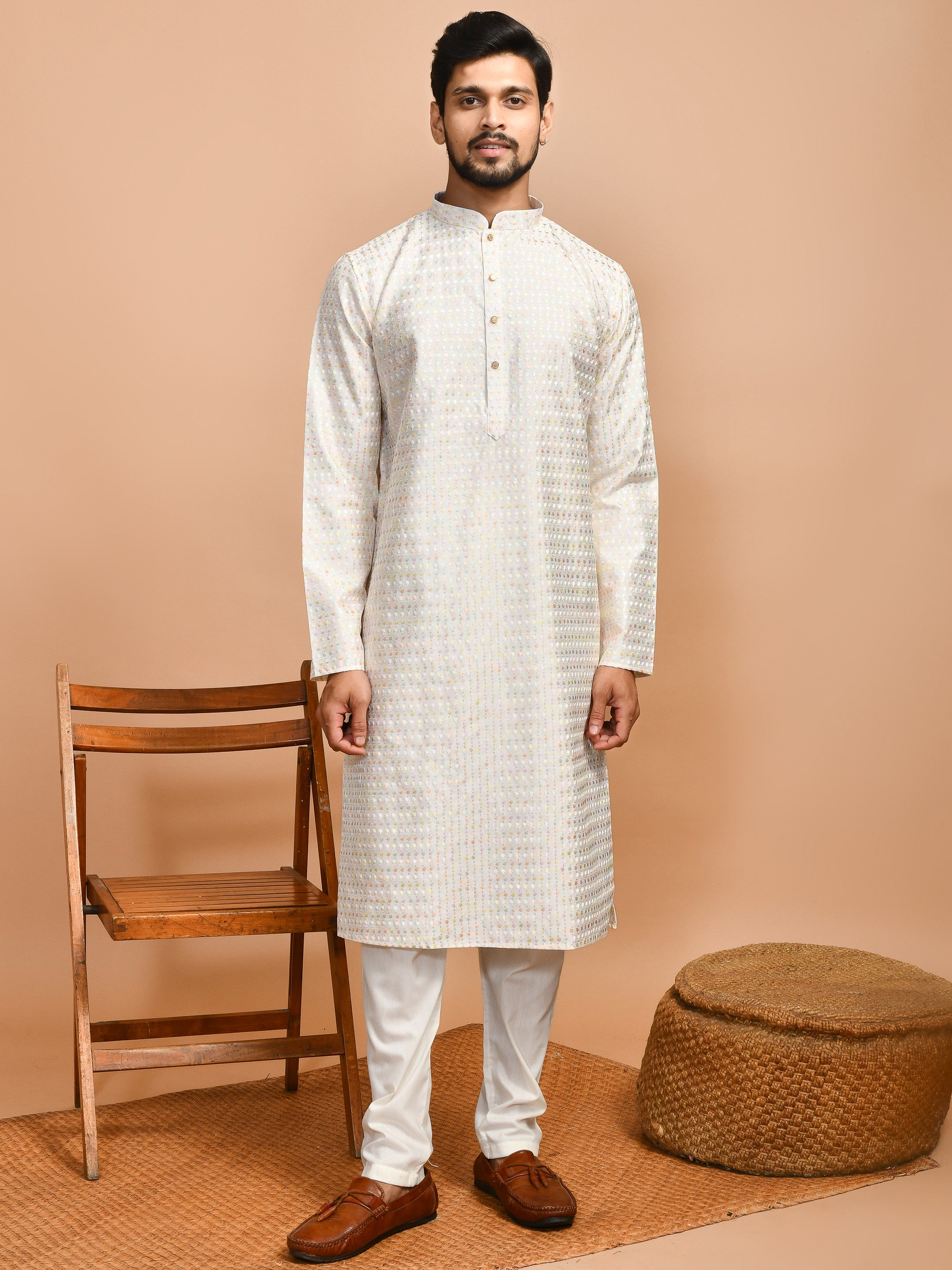 White Coral  | White Color Cotton | Elegance Men's Chikankari | Mandarin Collar Kurta