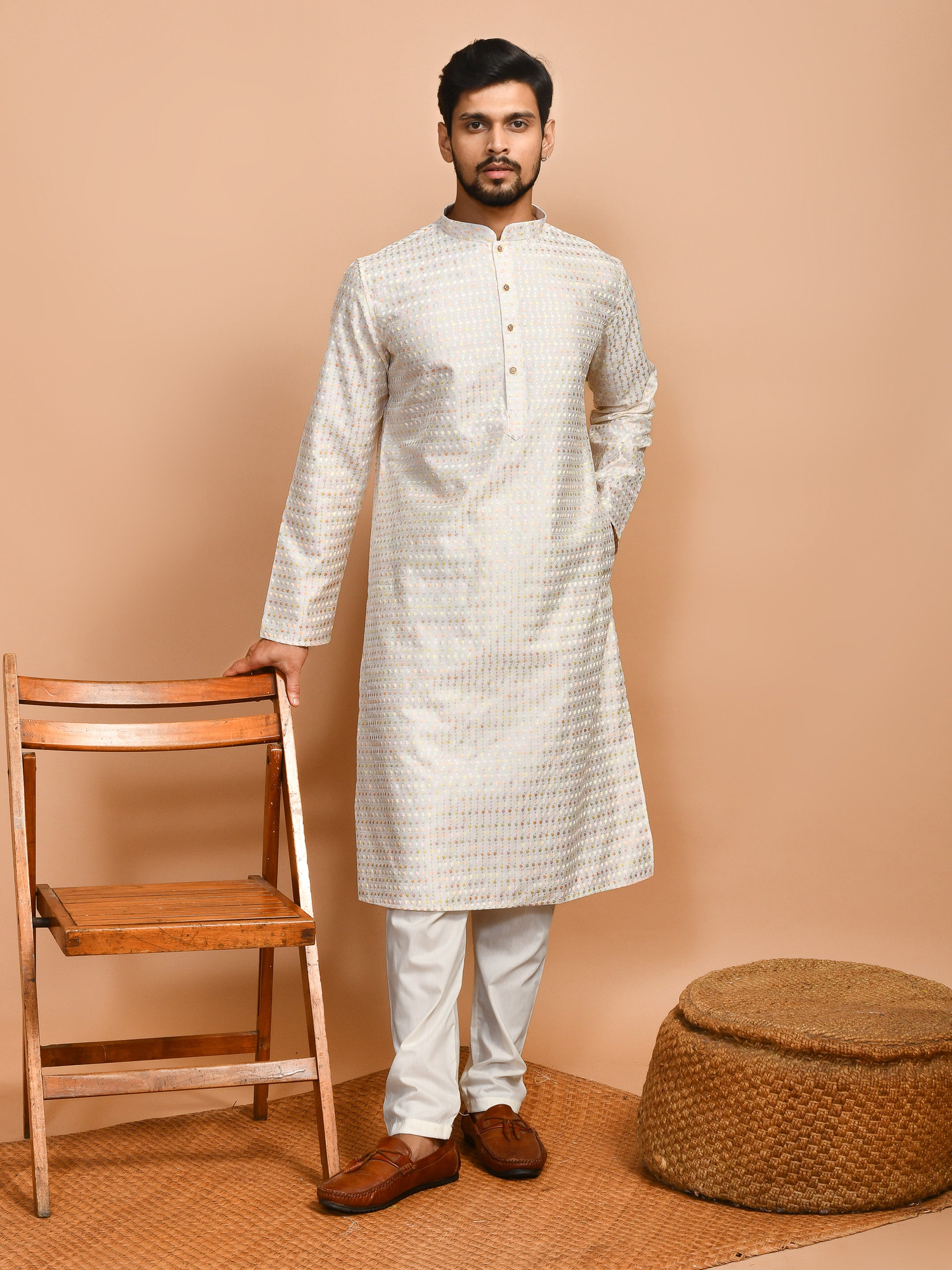 White Coral  | White Color Cotton | Elegance Men's Chikankari | Mandarin Collar Kurta